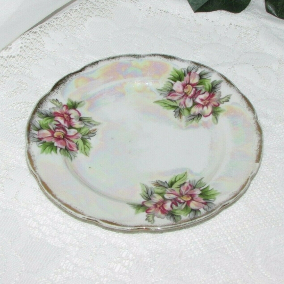 Vintage Other - Pretty Vintage Cake Plate White Luster Pink Floral 7 1/8" Japan Opalescent
